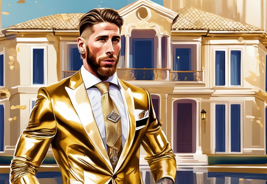 Sergio Ramos in abiti costosi davanti alla sua lussuosa villa con sovrapposizione grafica del patrimonio netto stimato, illustrazione digitale moderna a tema oro