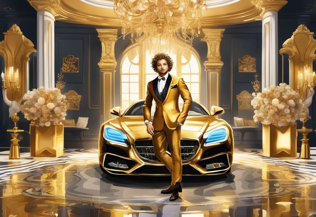 David Bisbal patrimonio in un'illustrazione digitale moderna, circondato da simboli di ricchezza come auto di lusso, abiti firmati e una magnifica villa.