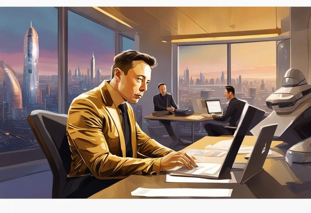 Illustrazione digitale moderna con tema dorato, Elon Musk seduto in un ufficio futuristico, concentrato sul lavoro, con uno skyline dominato da edifici Tesla e SpaceX sullo sfondo.