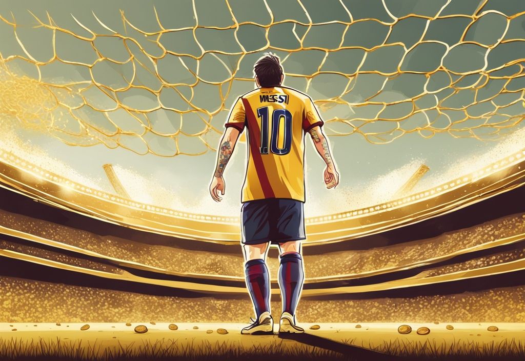 Illustrazione digitale moderna di Lionel Messi in piedi trionfante su un campo da calcio, con una rete enorme fatta di monete d'oro, simbolo del suo patrimonio netto.