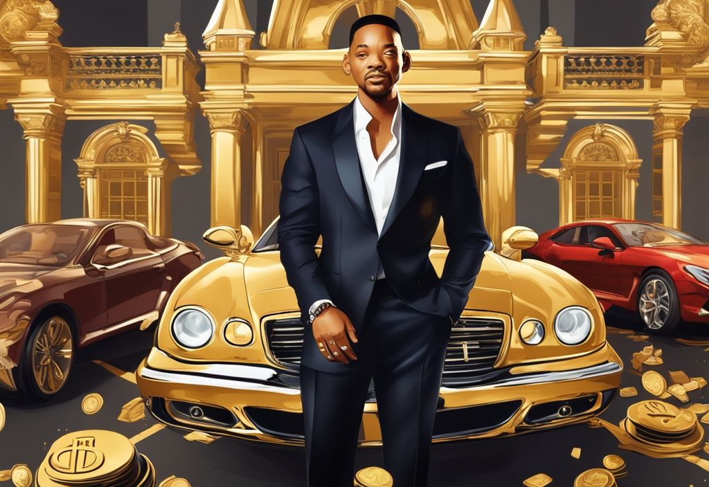 Illustrazione digitale moderna di Will Smith in un ambiente lussuoso con auto di marca, una villa e soldi, tema principale color oro