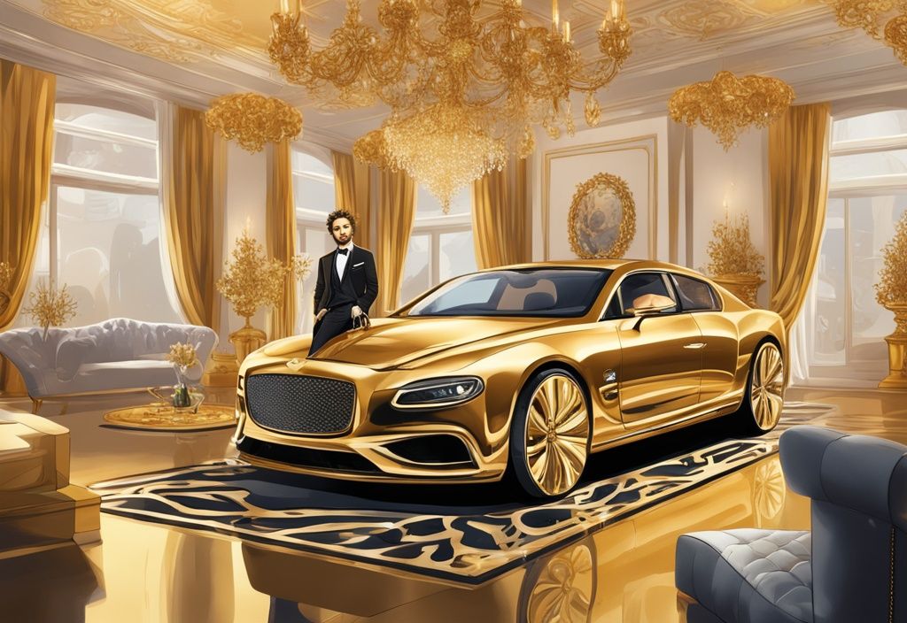 Illustrazione digitale moderna con tema dorato, David Bisbal in un ambiente opulento, circondato da simboli di ricchezza come una macchina di lusso, gioielli pregiati e una residenza esclusiva.