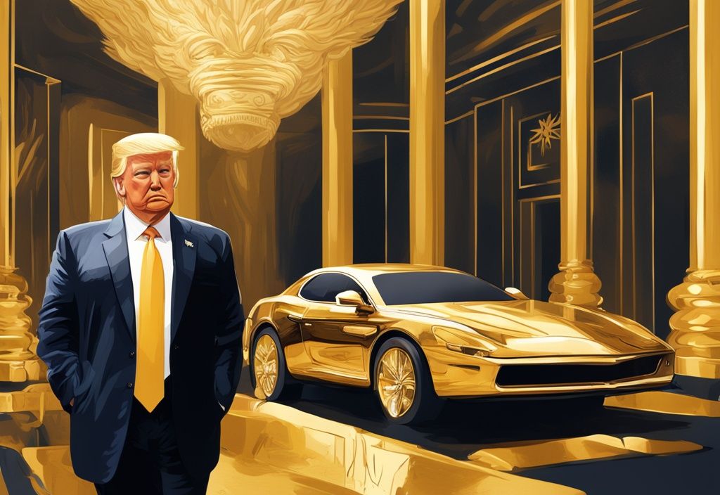 Donald Trump patrimonio in un'illustrazione digitale moderna, circondato da simboli di ricchezza come auto di lusso, edifici grandiosi e lingotti d'oro.