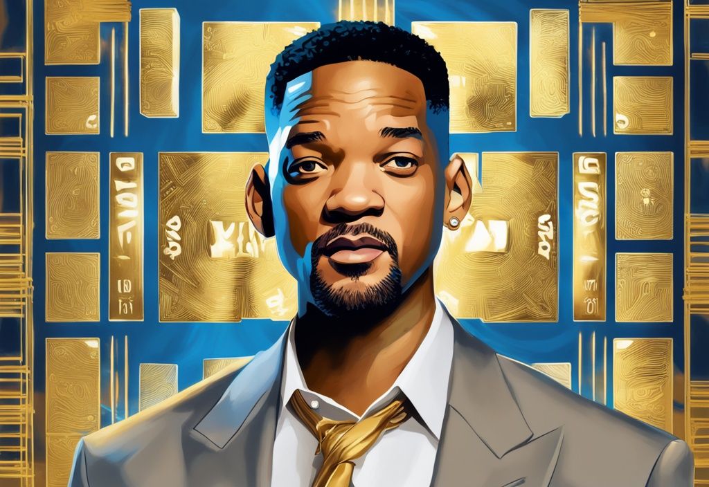 Illustrazione digitale moderna con Will Smith in piedi davanti a uno sfondo blu con simboli finanziari, mostrando il suo patrimonio netto in cifre dorate.