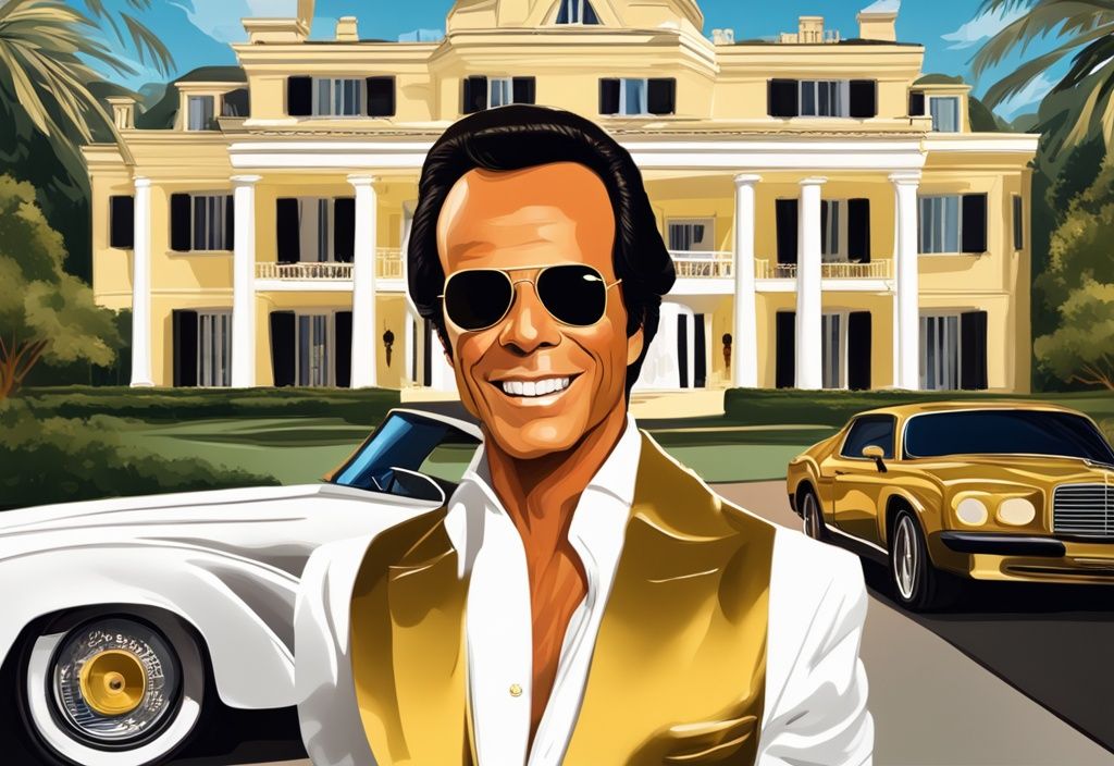 Illustrazione digitale moderna di Julio Iglesias con una villa chic, auto di lusso e disco d'oro, simboli del suo successo e patrimonio netto.