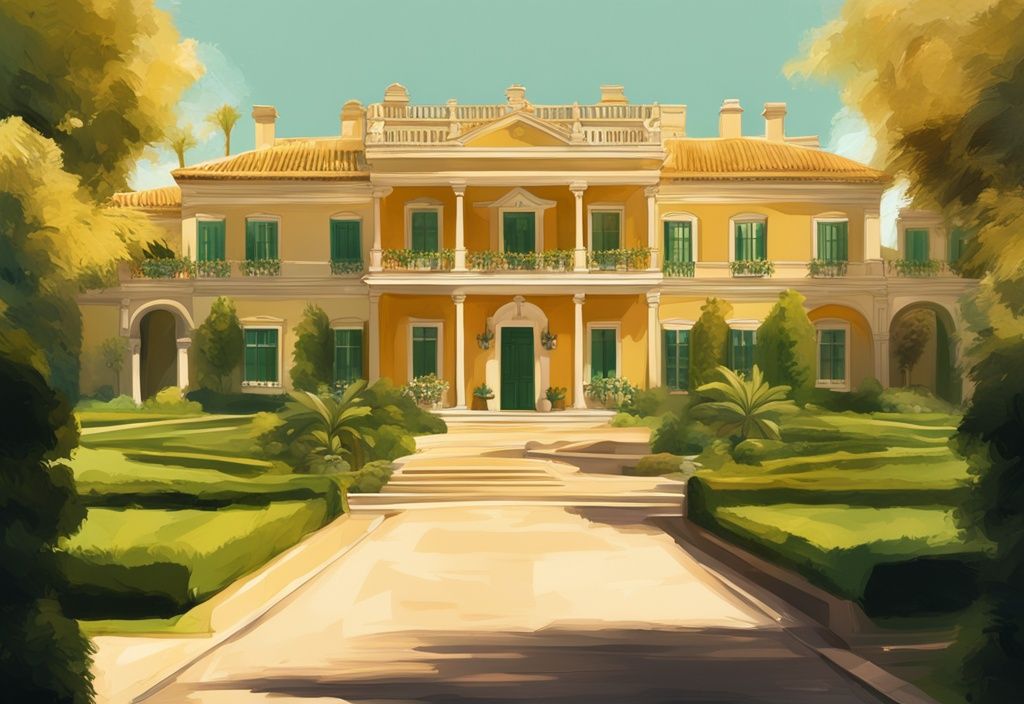 Illustrazione digitale moderna della sontuosa tenuta di María Teresa Campos con giardini verdi e architettura lussuosa, tema colore oro.