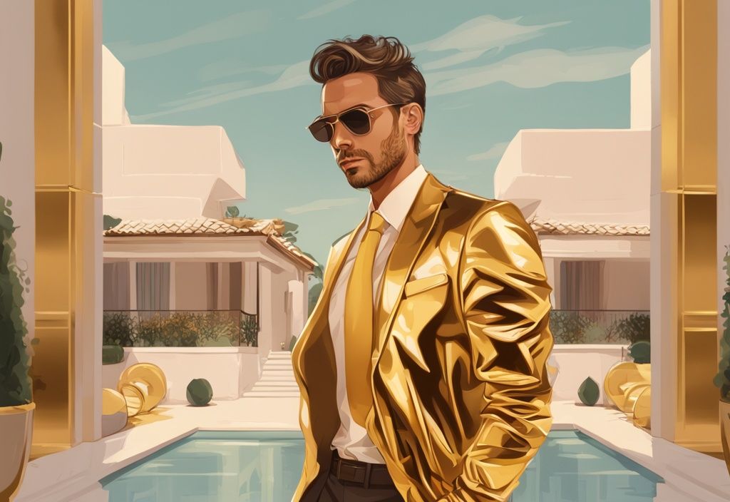 Rafa Mora patrimonio, ritratto in abbigliamento casual davanti a una villa di lusso, illustrazione digitale moderna con tema principale dorato.