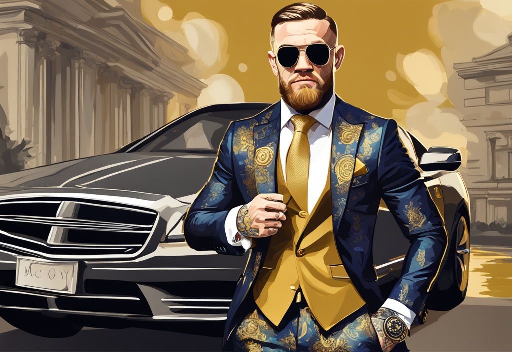 Illustrazione digitale moderna di Conor McGregor in abiti costosi con simboli di ricchezza come denaro, auto di lusso e ville sullo sfondo, tema principale colore oro, Conor McGregor patrimonio.