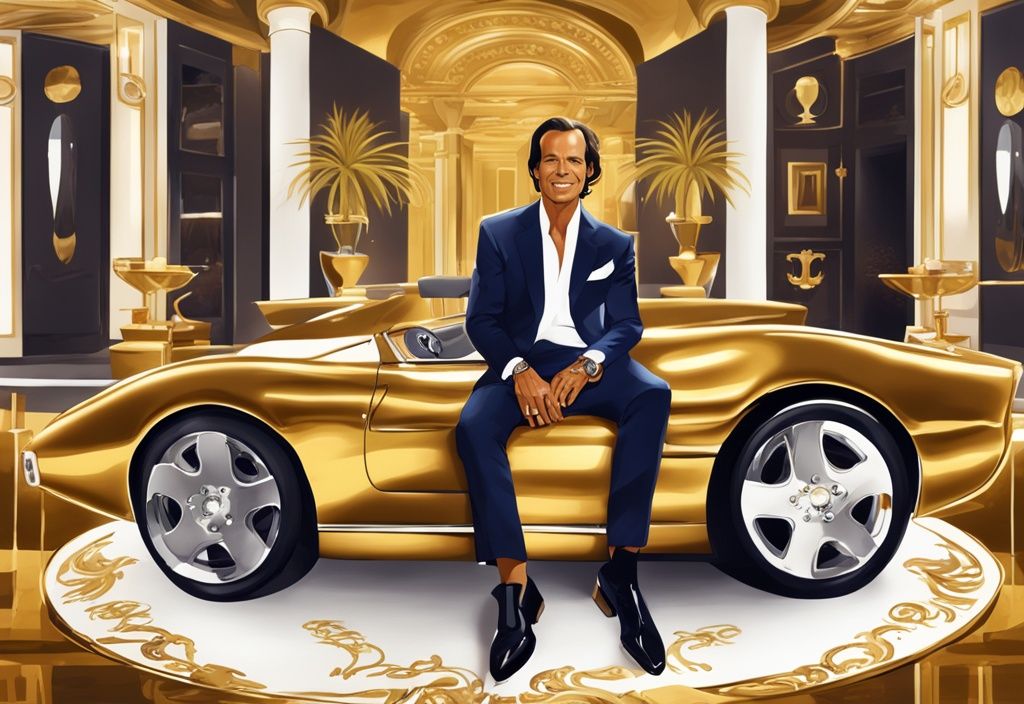 Julio Iglesias patrimonio in un'illustrazione digitale moderna, rilassato in un ambiente lussuoso con auto costose, una villa sontuosa e dischi di platino.