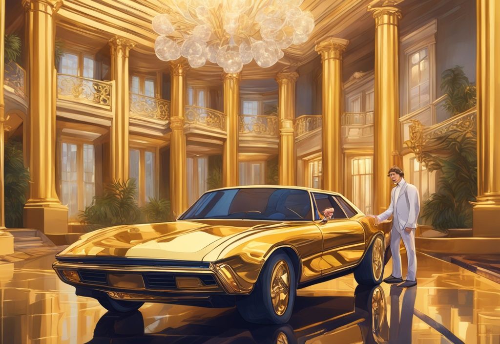 Illustrazione digitale moderna con tema dorato, raffigurante Mr Beast in un ambiente lussuoso con lingotti d'oro, un'auto di lusso e una villa enorme sullo sfondo, riflettendo il patrimonio di Mr Beast.