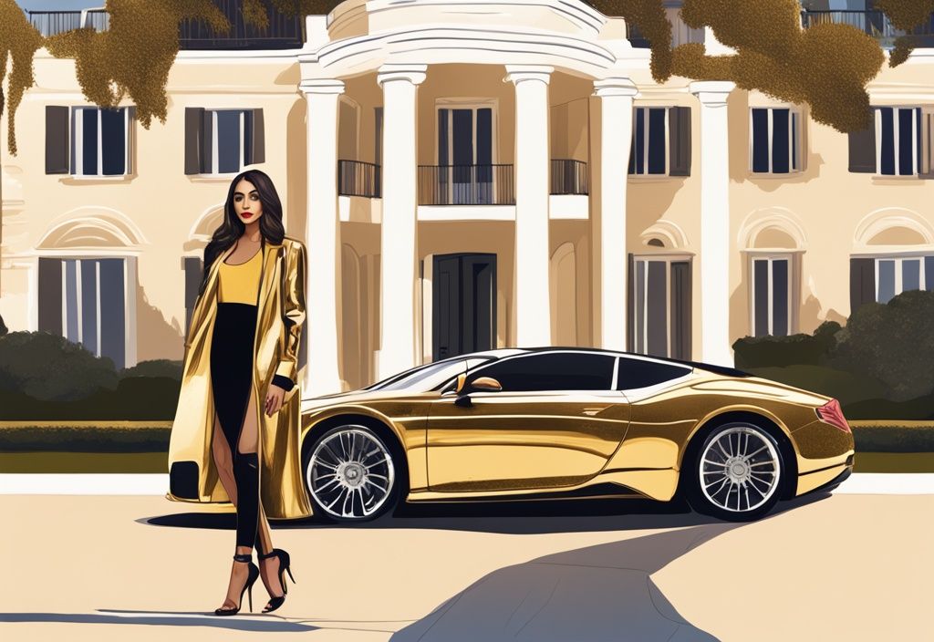 Illustrazione digitale moderna di Hiba Abouk in un outfit chic davanti a una lussuosa villa con un'auto di lusso in primo piano, simbolo del suo alto patrimonio netto - Hiba Abouk patrimonio.