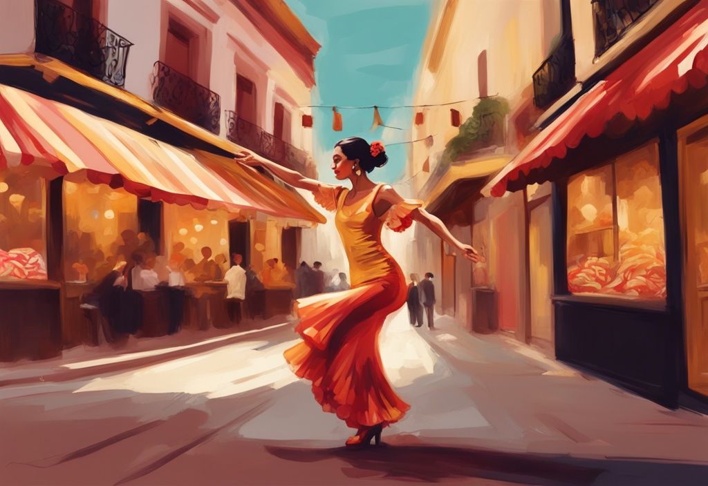 Ballerina di flamenco su una strada di Andalusia con negozio vintage El Turronero patrimonio sullo sfondo, illustrazione digitale moderna in tonalità dorate.