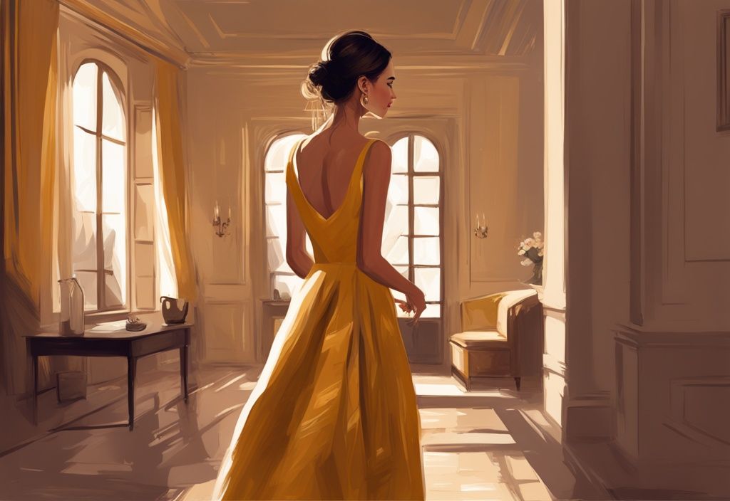 Illustrazione digitale moderna con Letizia Ortiz in un elegante abito, esplorando pacificamente la sua casa ancestrale in Spagna, con tema principale color oro.