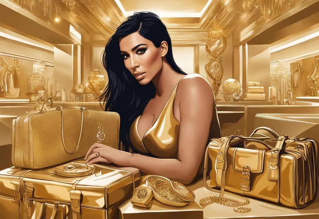 Illustrazione digitale moderna di Kim Kardashian in un ambiente lussuoso, circondata da simboli di ricchezza come borse di design, gioielli costosi e un'auto di alta gamma, Kim Kardashian patrimonio.