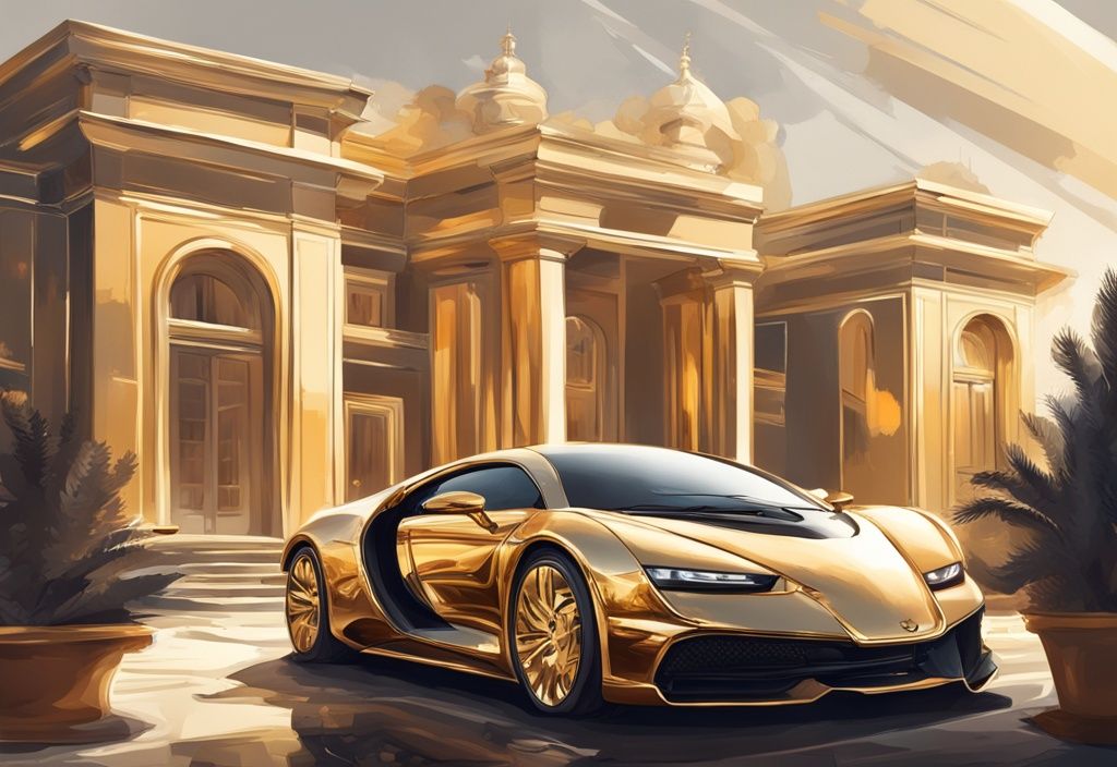 Illustrazione digitale moderna con tema dorato, raffigurante auto di lusso, case opulente e accessori costosi, simboli del César Alierta patrimonio.