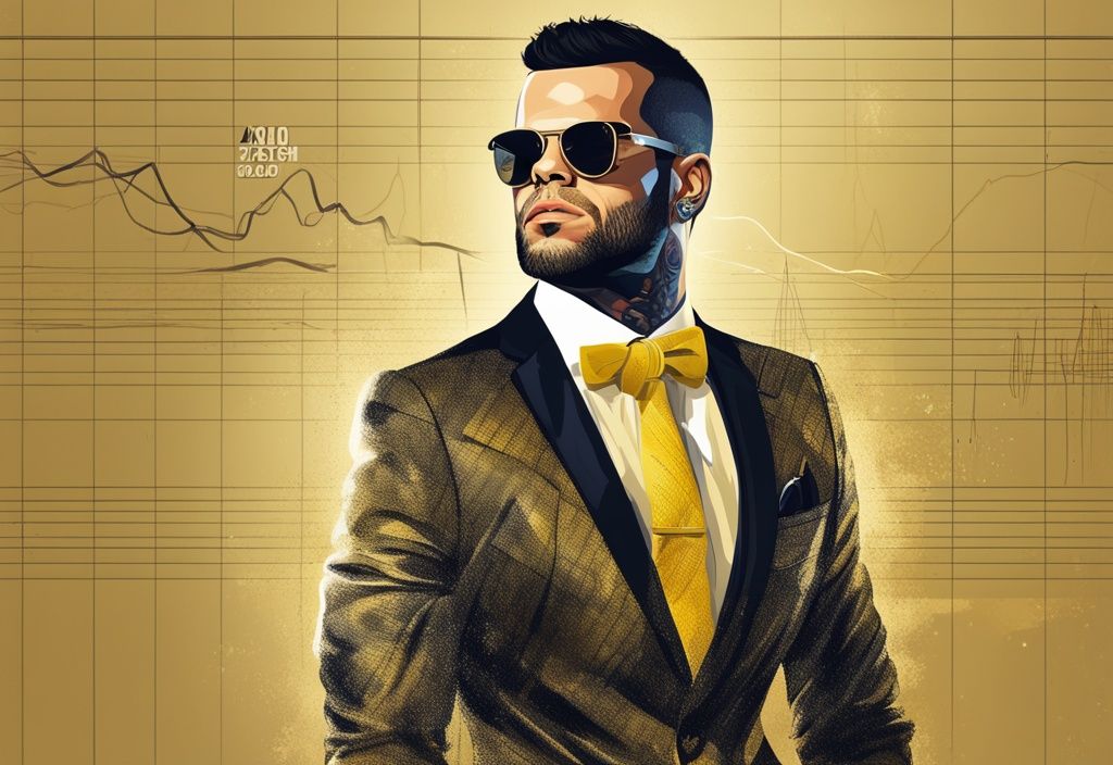 Illustrazione digitale moderna con tema dorato: Dani Alves vestito con stile accanto a un grafico in aumento, simbolo del patrimonio di Dani Alves.