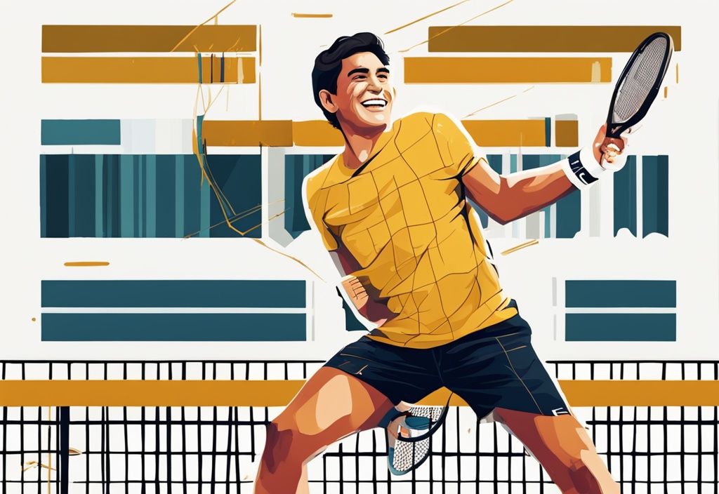 Carlos Alcaraz trionfante con racchetta da tennis davanti a un grafico a barre che mostra il suo patrimonio netto crescente, illustrazione digitale moderna in tema dorato