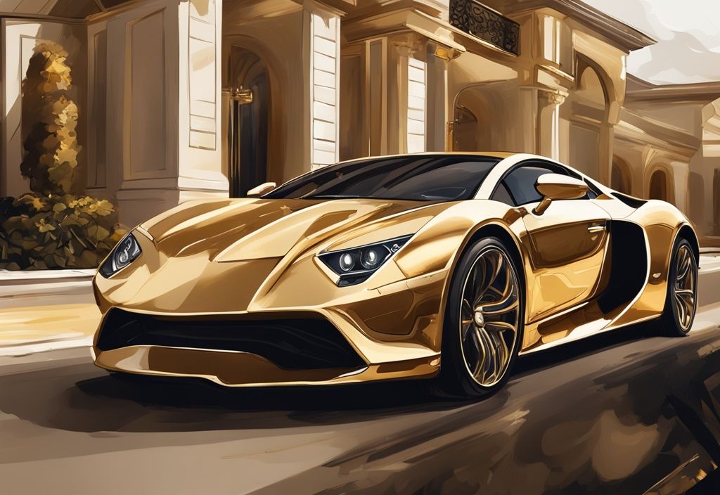 Illustrazione digitale moderna con tema dorato, raffigurante il patrimonio di César Alierta con auto di lusso, case opulente e accessori costosi.