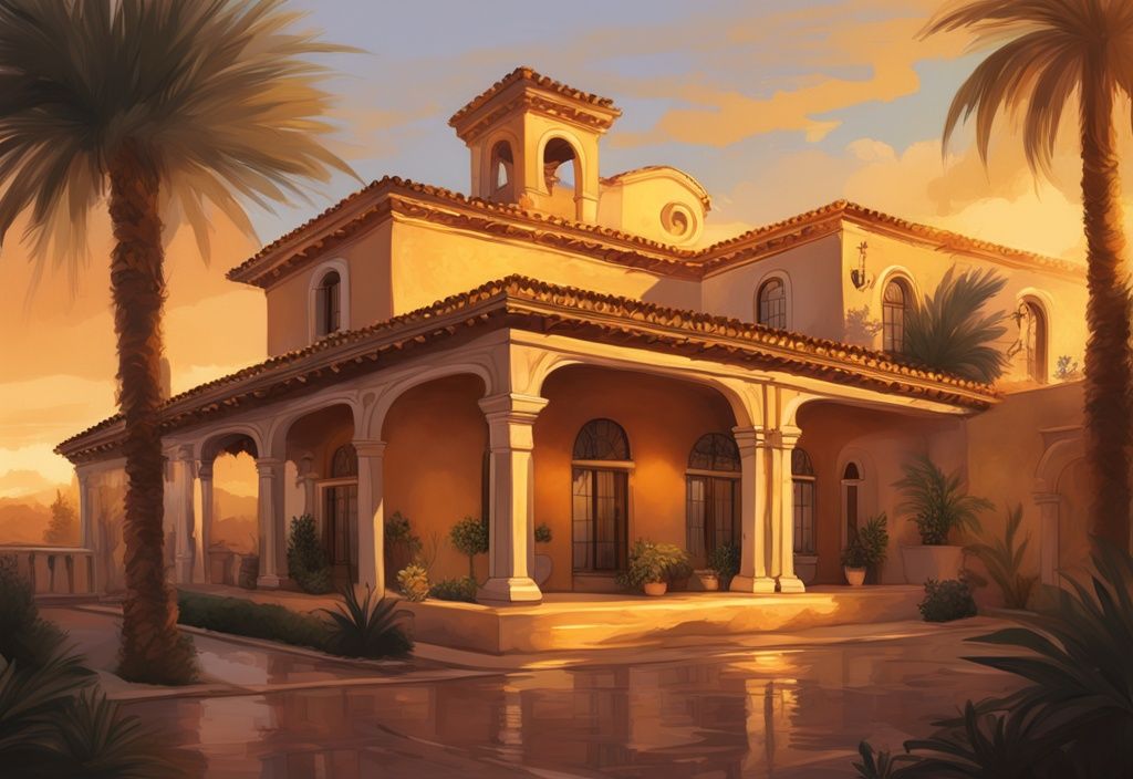 Illustrazione digitale moderna di una hacienda in stile coloniale spagnolo al tramonto dorato, che suggerisce il ricco José Elías patrimonio.