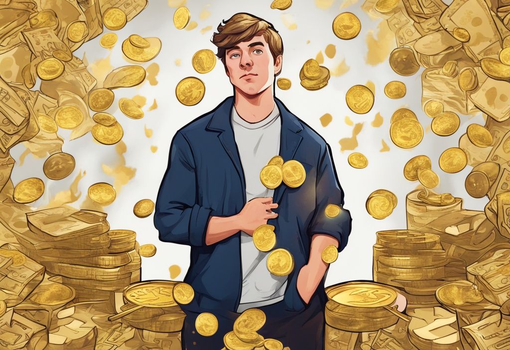 Illustrazione digitale moderna di Mr. Beast con monete d'oro e banconote, tema colore oro, simbolo del suo patrimonio netto stimato.