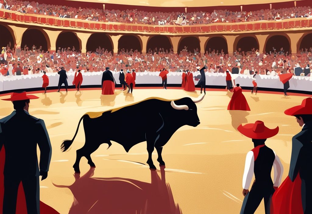 Illustrazione digitale moderna di una scena iconica di corrida con Finito de Córdoba che tiene un mantello rosso in una plaza spagnola tradizionale, tema colore oro.