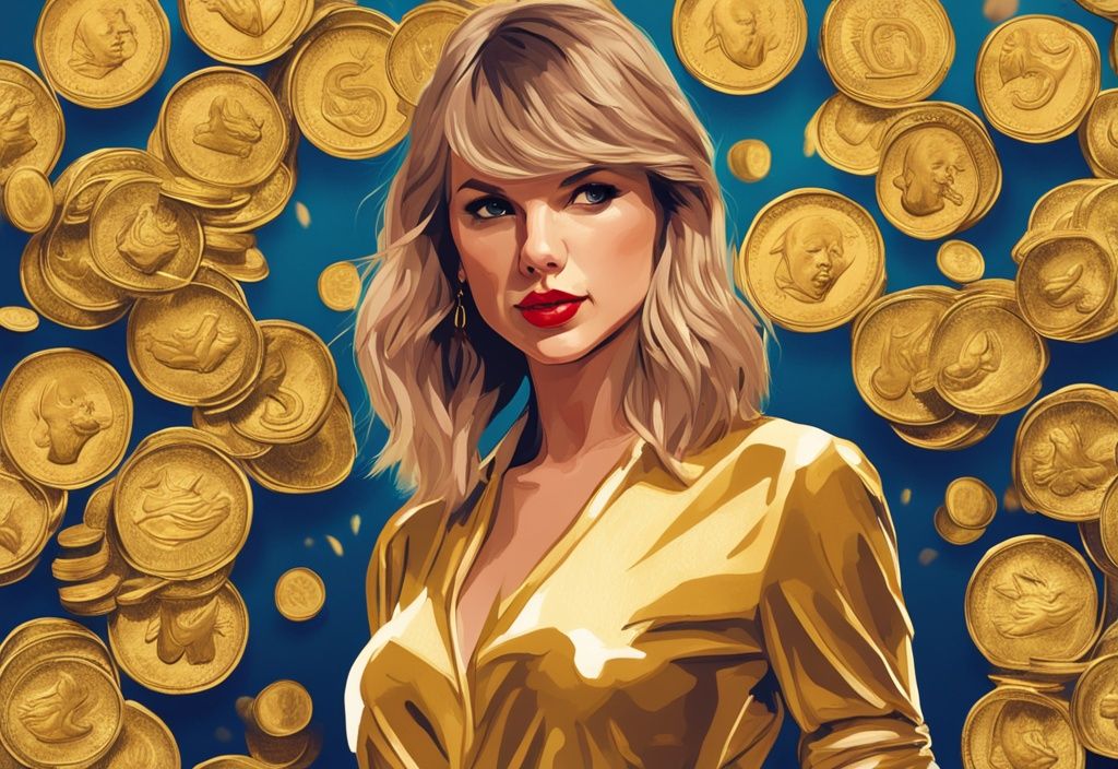 Illustrazione digitale moderna di Taylor Swift con sfondo di numerose monete d'oro, rappresentando il suo considerevole patrimonio.