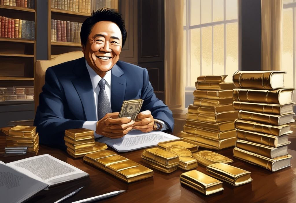 Illustrazione digitale moderna di Robert Kiyosaki nel suo elegante studio con libri su investimenti e affari, con monete d'oro e un lingotto d'argento sul tavolo in legno di quercia, simboli del suo vasto patrimonio.