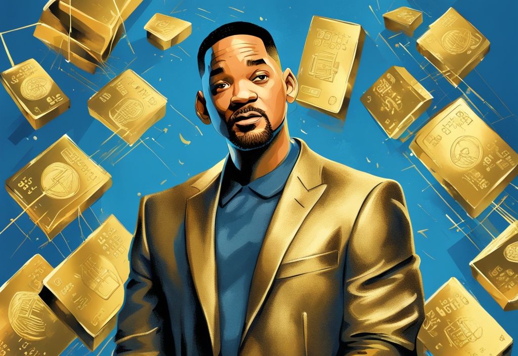 Illustrazione digitale moderna con Will Smith in piedi davanti a uno sfondo blu con simboli finanziari e il suo patrimonio netto visualizzato in cifre dorate.