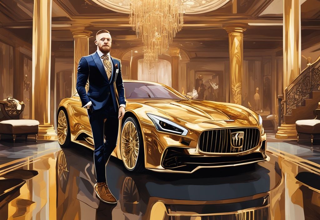 Illustrazione digitale moderna di Conor McGregor in un ambiente lussuoso, circondato da simboli di ricchezza come auto di lusso, orologi costosi e una villa sontuosa, con tema principale d'oro.