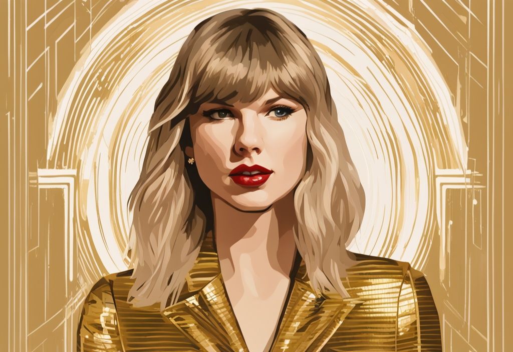 Illustrazione digitale moderna di Taylor Swift ben vestita accanto a un grafico che mostra il suo patrimonio netto in aumento negli anni, con tema colore principale oro.