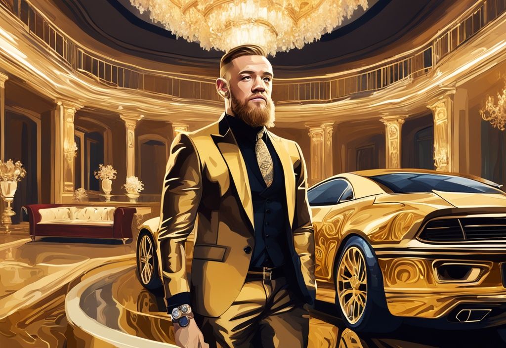 Illustrazione digitale moderna di Conor McGregor in un ambiente lussuoso con auto di lusso, orologi costosi e una villa sontuosa, tema principale oro.