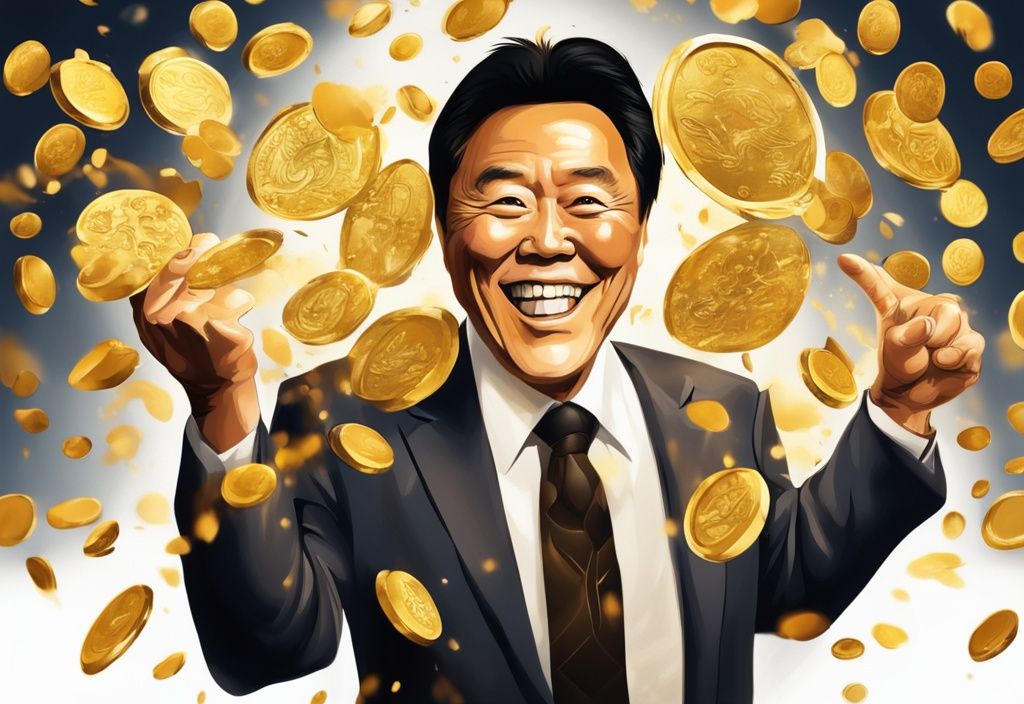 Illustrazione digitale moderna di Robert Kiyosaki che sorride indicando un grafico di azioni in crescita e numerose monete d'oro che simboleggiano la ricchezza.