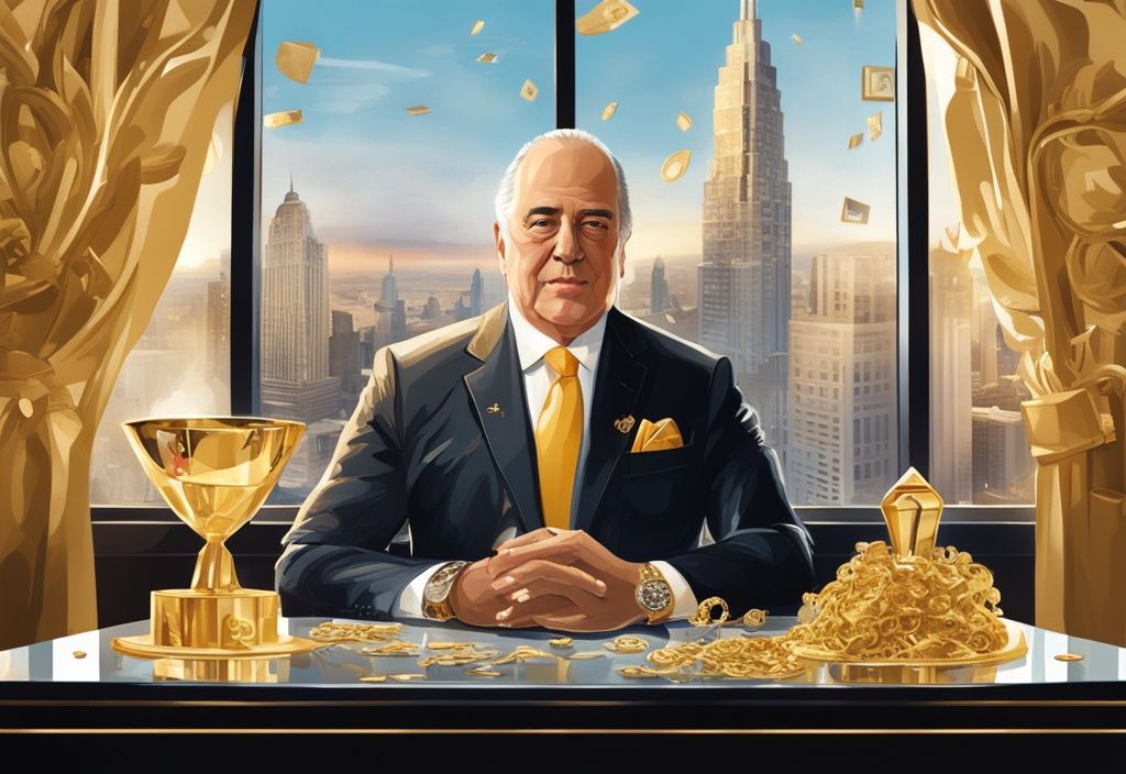 Illustrazione digitale moderna di Amancio Ortega in un ufficio elegante, circondato da simboli di opulenza come abiti di marca, orologi costosi, auto di lusso e una vista della città, evidenziando il patrimonio di Amancio Ortega.