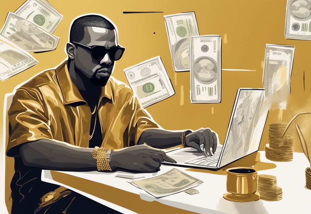 Illustrazione digitale moderna con Kanye West seduto dietro una scrivania con un laptop che mostra il suo patrimonio netto in dollari, tema colore principale oro, Kanye West patrimonio.