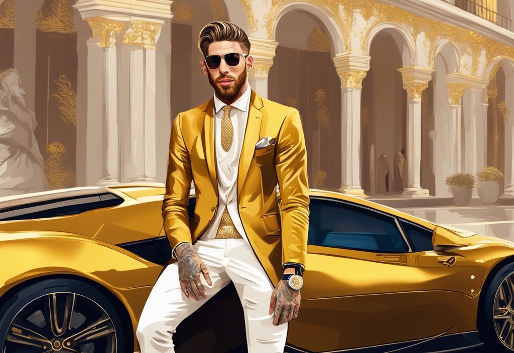 Sergio Ramos patrimonio in un'illustrazione digitale moderna con tema dorato, circondato da un'auto sportiva di lusso, una villa elegante e abbigliamento firmato.