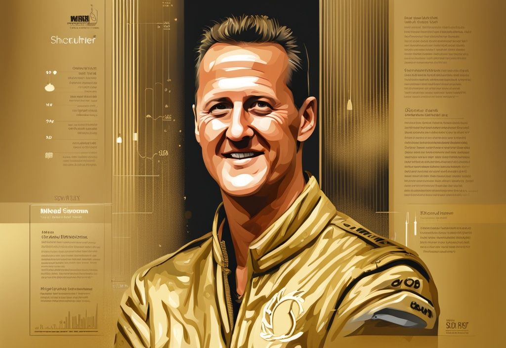 Illustrazione digitale moderna con tema dorato, infografica sui guadagni di Michael Schumacher, con podio che rappresenta il suo alto patrimonio netto.