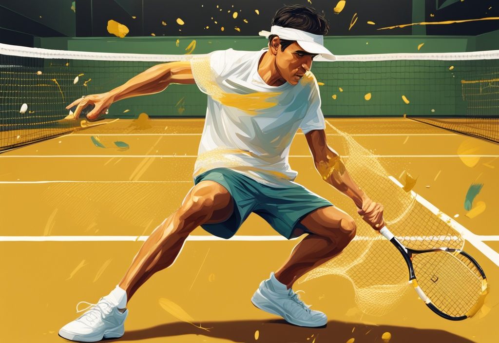 Illustrazione digitale moderna di Carlos Alcaraz in azione sul campo da tennis con elementi numerici che suggeriscono il suo patrimonio; tema principale dorato. Carlos Alcaraz patrimonio.