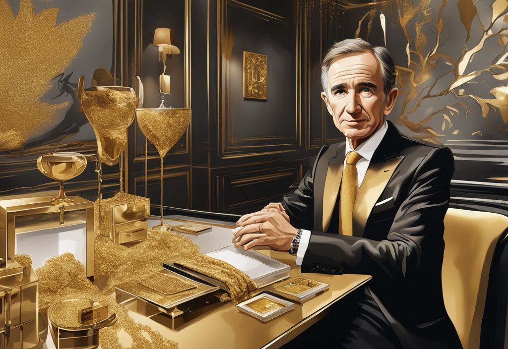 Illustrazione digitale moderna in oro con Bernard Arnault e prodotti di lusso, rappresentante del suo patrimonio vasto