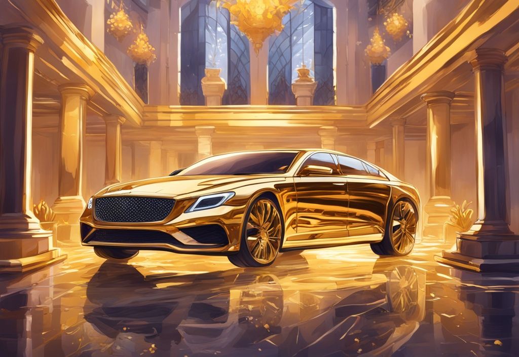 Illustrazione digitale moderna con tema oro, Mr Beast in un ambiente lussuoso che riflette il suo patrimonio, con lingotti d'oro, auto di lusso e una grande villa sullo sfondo.