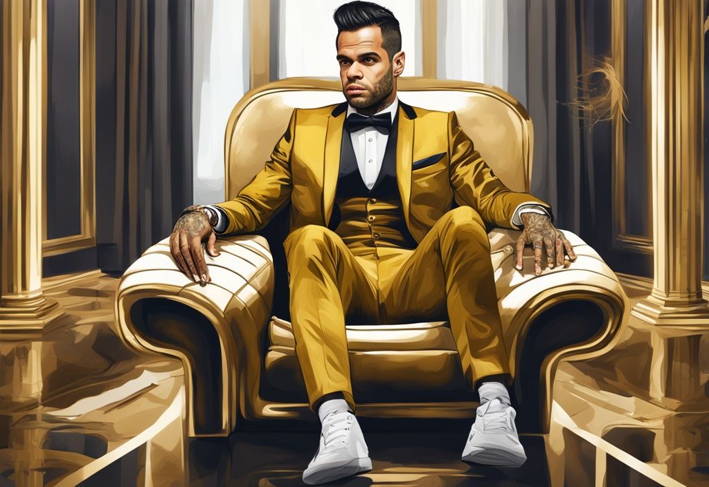 Illustrazione digitale moderna con Dani Alves ben vestito in un ambiente lussuoso, tema principale dorato, che illustra il suo notevole patrimonio netto.