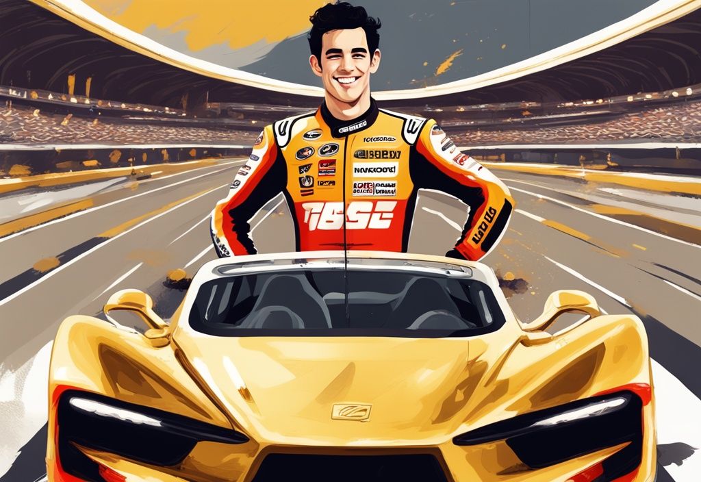 Marc Márquez patrimonio, dipinto digitale moderno, Marc Márquez trionfante su pista da corsa, simboli di ricchezza, auto di lusso, grande villa, pile di monete d'oro.