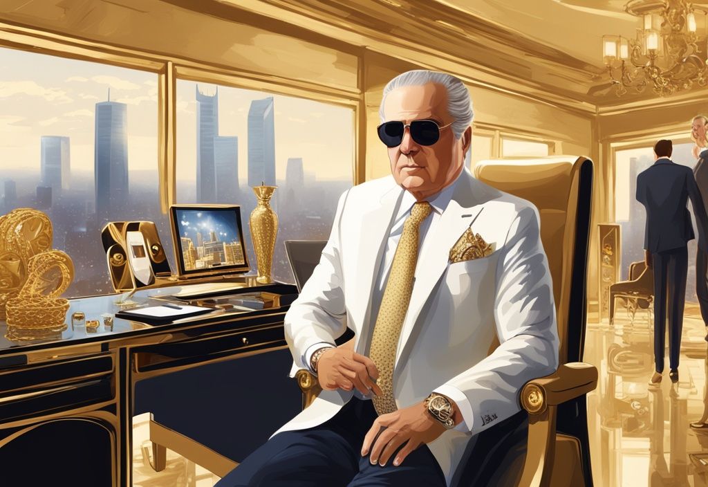 Illustrazione digitale moderna con tema dorato, raffigurante Amancio Ortega patrimonio in un ufficio elegante, circondato da simboli di opulenza e successo come abiti di marca, orologi costosi, auto di lusso e vista sulla città.