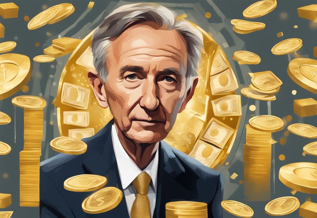 Illustrazione digitale moderna di Bernard Arnault con tema dorato e simboli di ricchezza rappresentanti il suo patrimonio netto.