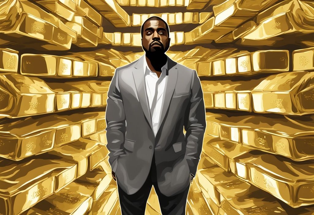 Illustrazione digitale moderna di Kanye West con sfondo di lingotti d'oro, tema colore principale oro, simbolo del suo ingente patrimonio netto.