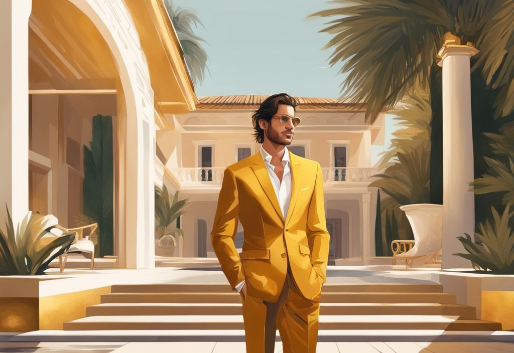 Rafa Mora patrimonio, in abbigliamento casual, davanti a una villa di lusso con tema principale dorato, che suggerisce uno stile di vita di alto valore netto.