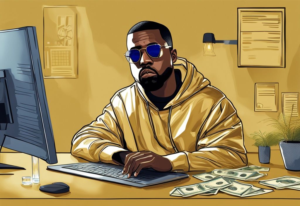 Kanye West patrimonio, illustrazione digitale moderna, Kanye West seduto dietro una scrivania con un laptop che mostra il suo patrimonio netto in dollari, tema colore oro