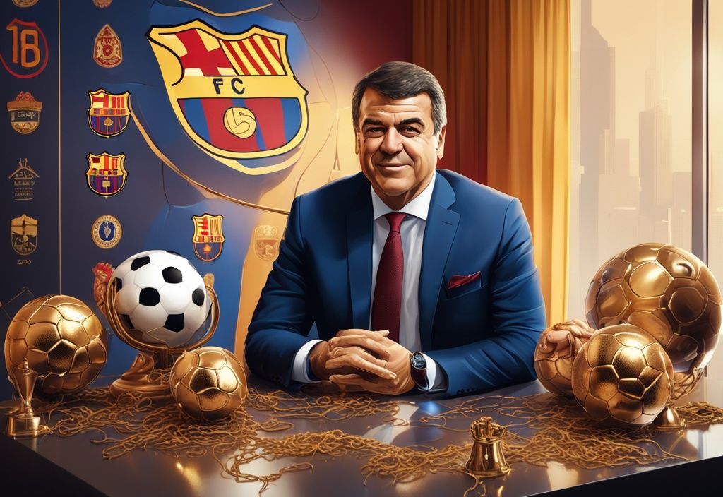 Illustrazione digitale moderna di Joan Laporta, presidente del FC Barcelona, appoggiato su un tavolo con cimeli calcistici, sfondo lussuoso dorato.