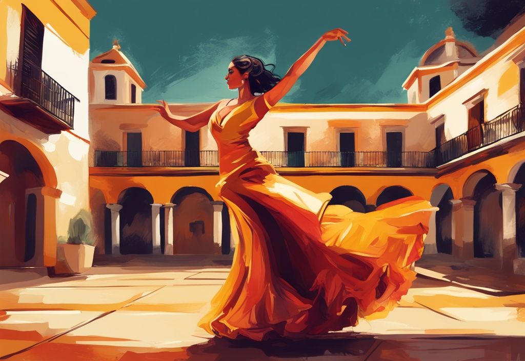 Illustrazione digitale moderna di una ballerina di flamenco colorata che si esibisce con passione tra l'architettura tradizionale spagnola, simboleggiando l'eredità di El Turronero, tema principale dorato.