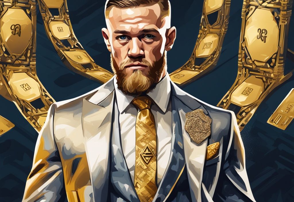 Illustrazione digitale moderna di Conor McGregor in abiti costosi, con simboli di ricchezza come denaro, auto di lusso e ville sullo sfondo, tema principale oro, Conor McGregor patrimonio.