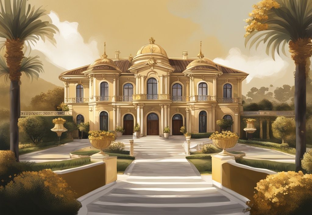 Illustrazione digitale moderna del lussuoso esterno del patrimonio di María Teresa Campos con architettura ornata e giardini estesi, tema principale color oro.